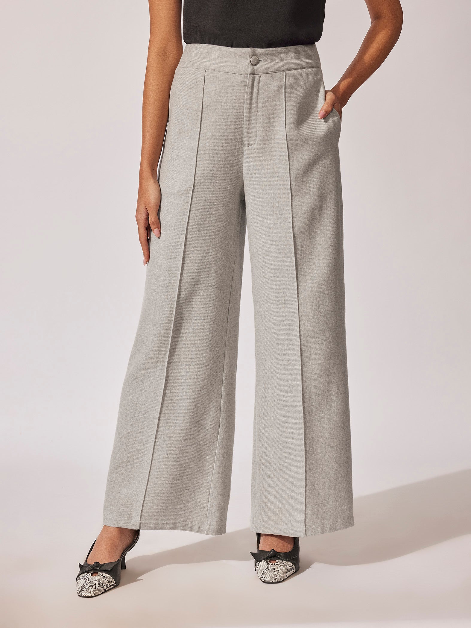 Grey Pintuck Flare Trousers