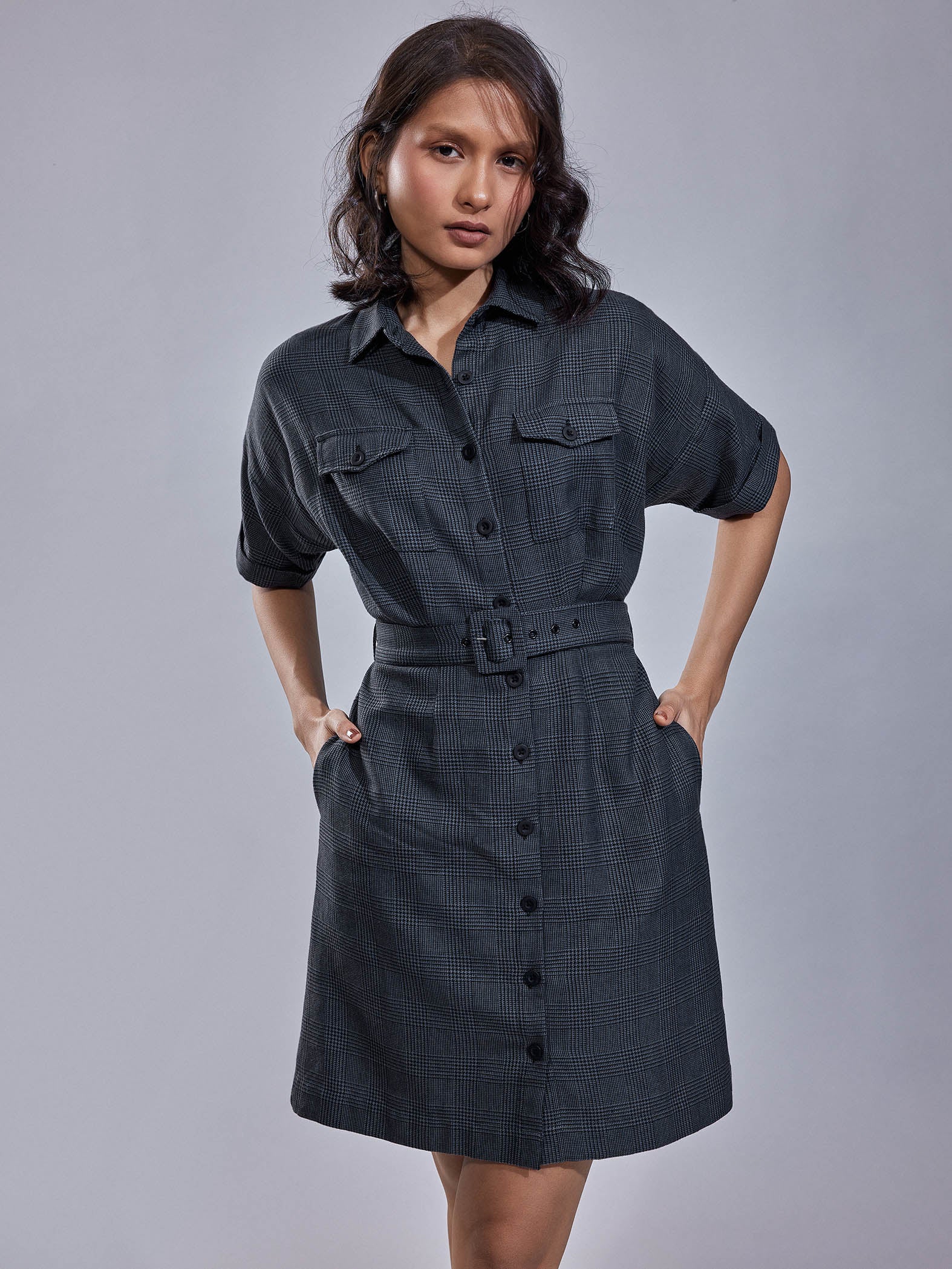 Grey Plaid Flap Pocket Shirt Dress