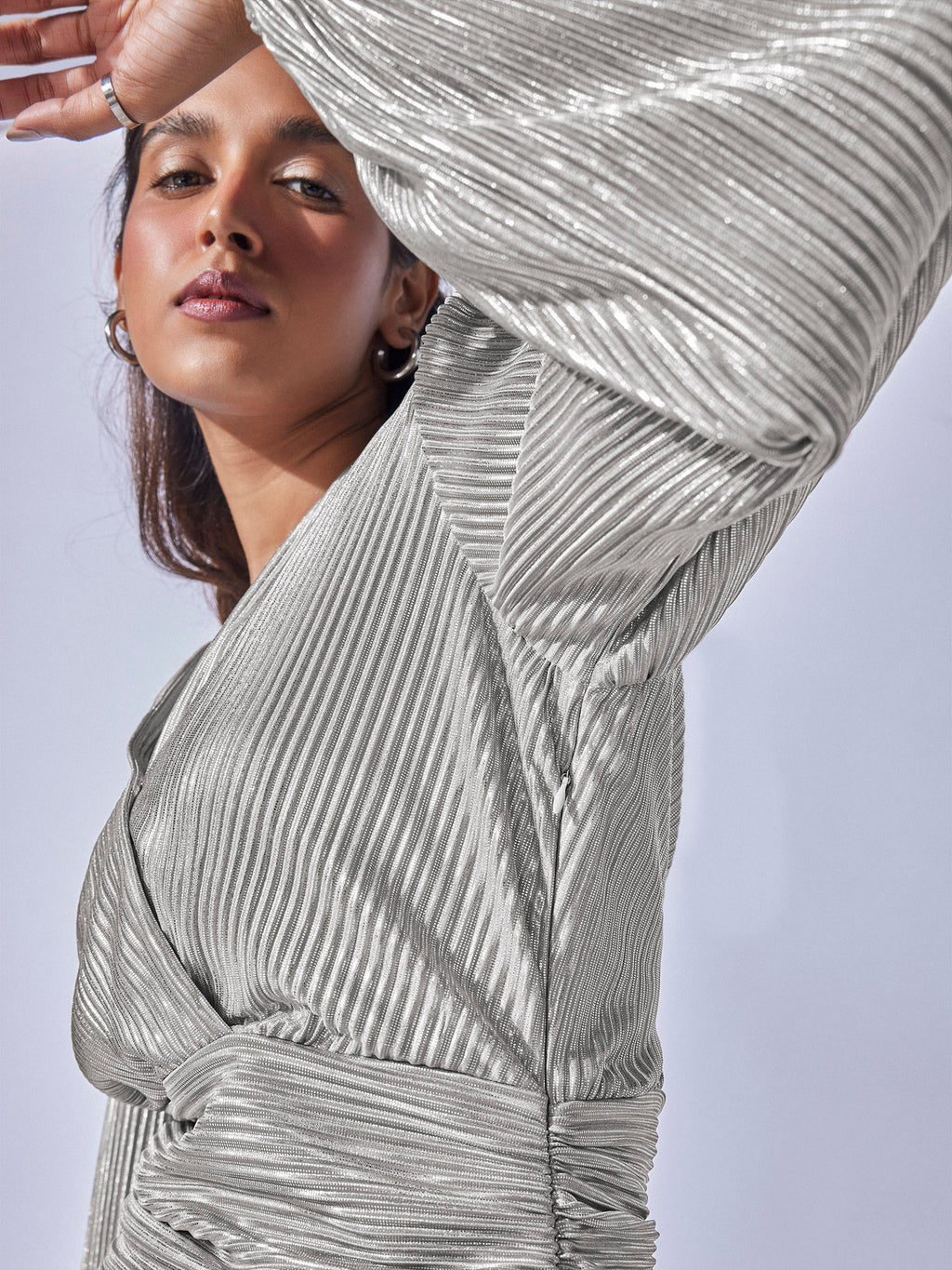 Grey Shimmer Overlap Gathered Dress