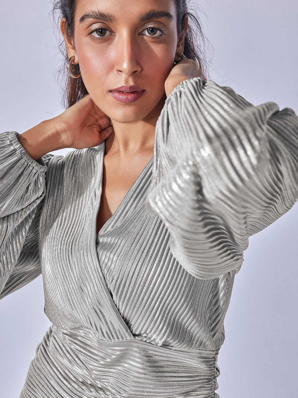 Grey Shimmer Overlap Gathered Dress