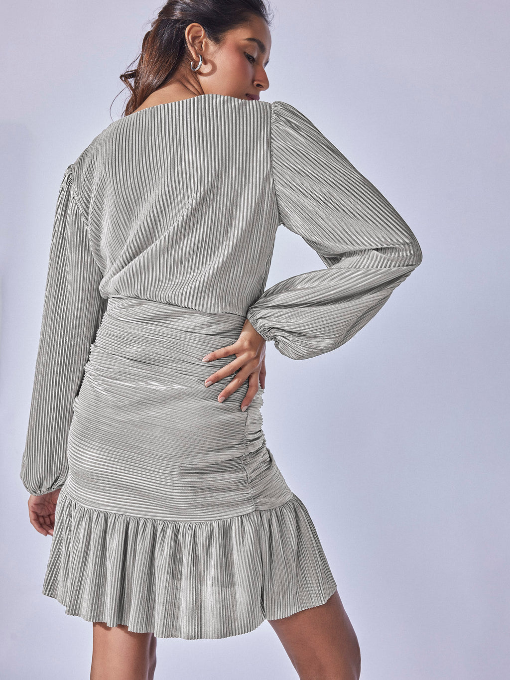 Grey Shimmer Overlap Gathered Dress