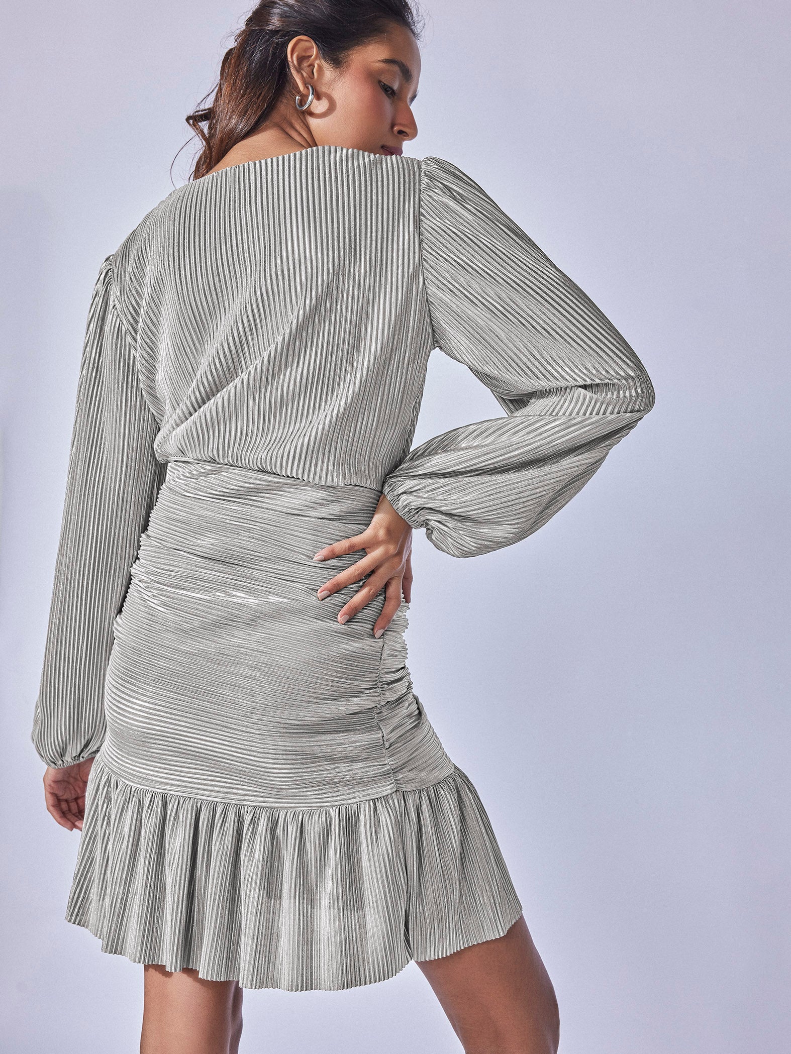 Grey Shimmer Overlap Gathered Dress