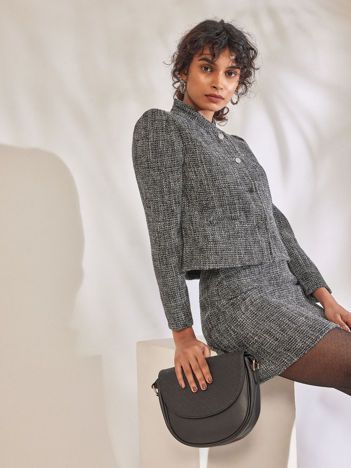 Grey Tweed Puff Sleeve Jacket