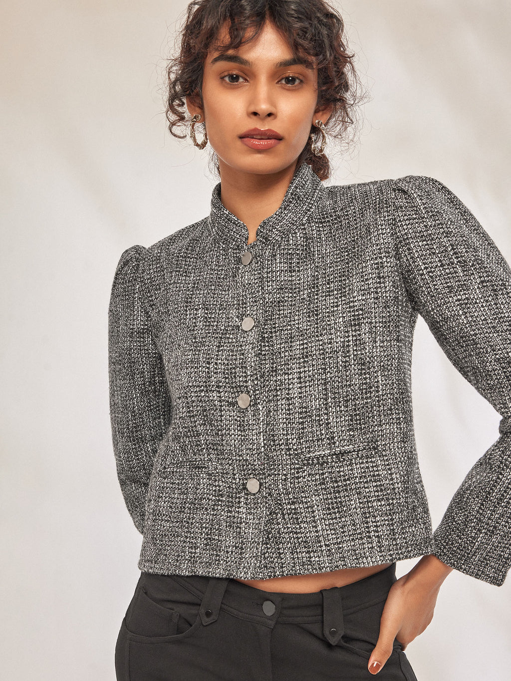 Grey Tweed Puff Sleeve Jacket