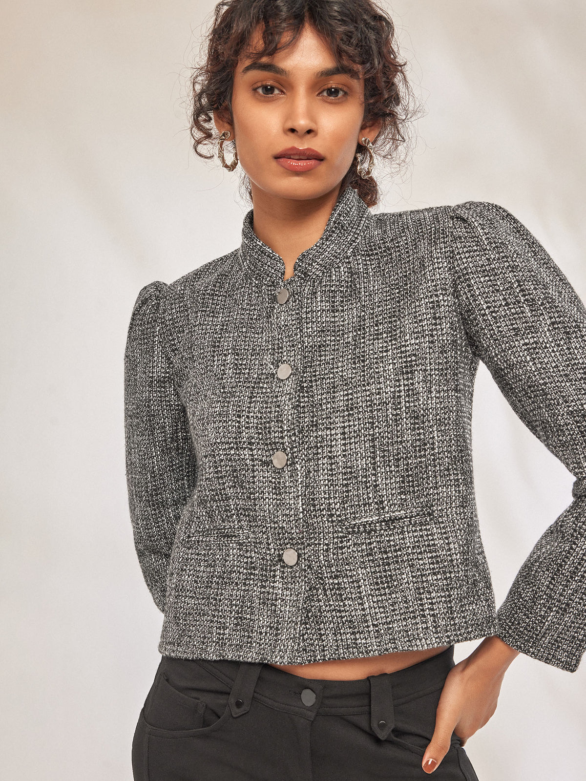 Grey Tweed Puff Sleeve Jacket