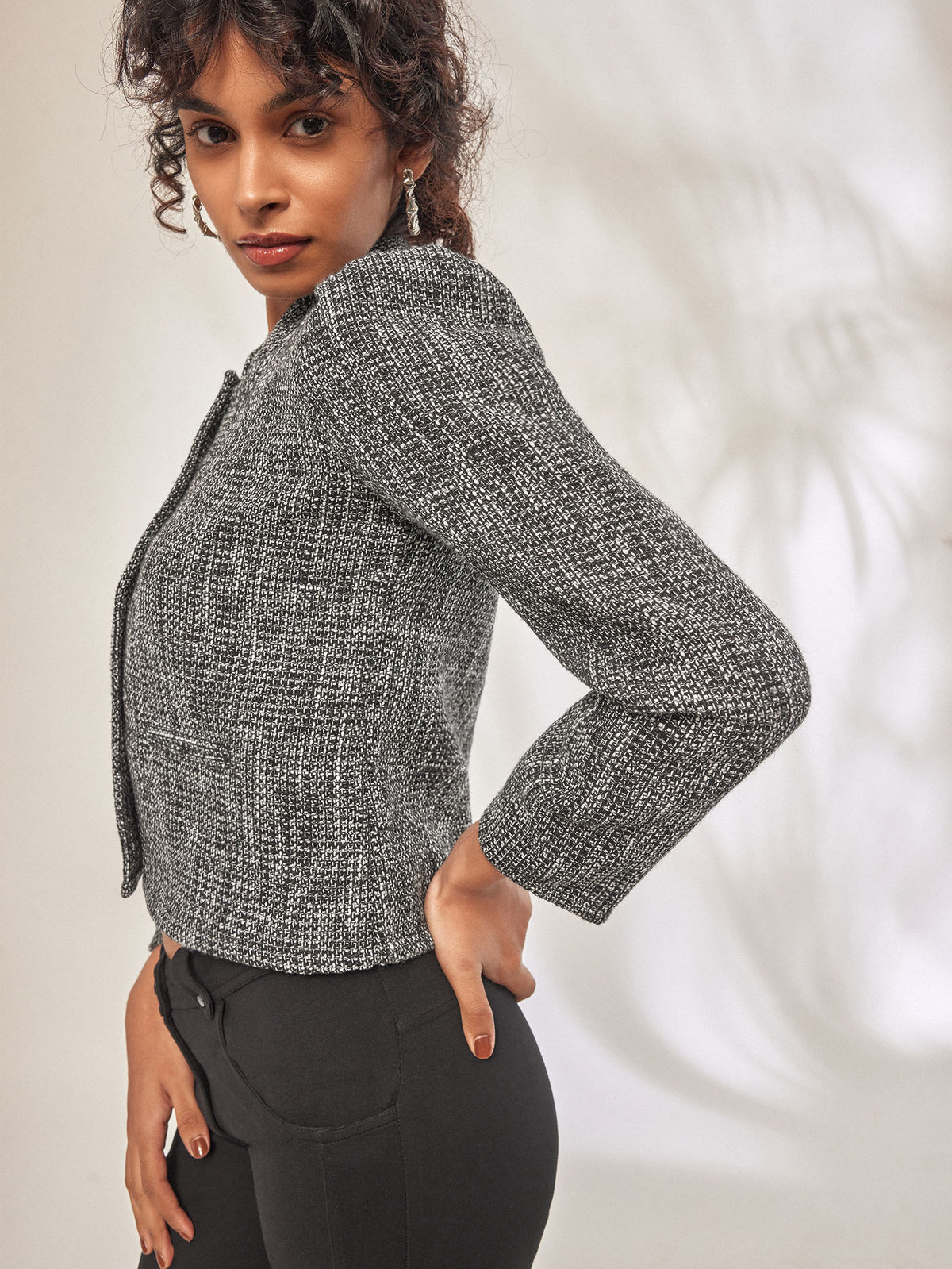 Grey Tweed Puff Sleeve Jacket