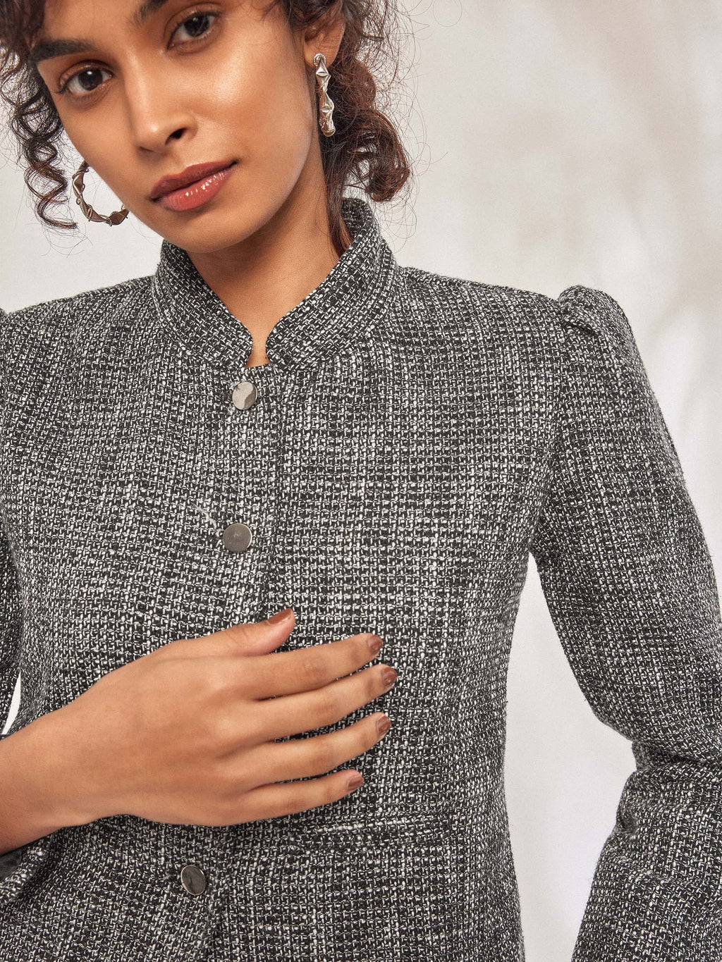 Grey Tweed Puff Sleeve Jacket