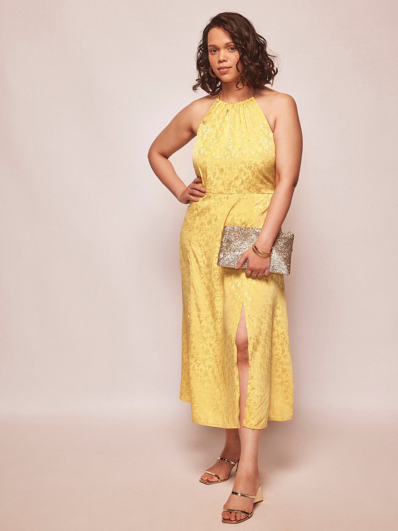 Honey Jacquard Chain Halter Neck Dress