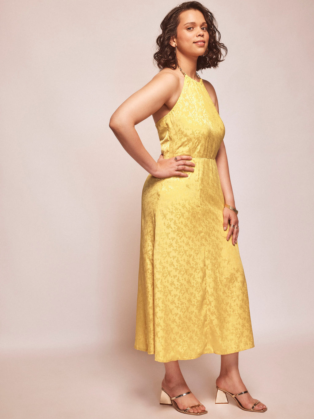 Honey Jacquard Chain Halter Neck Dress