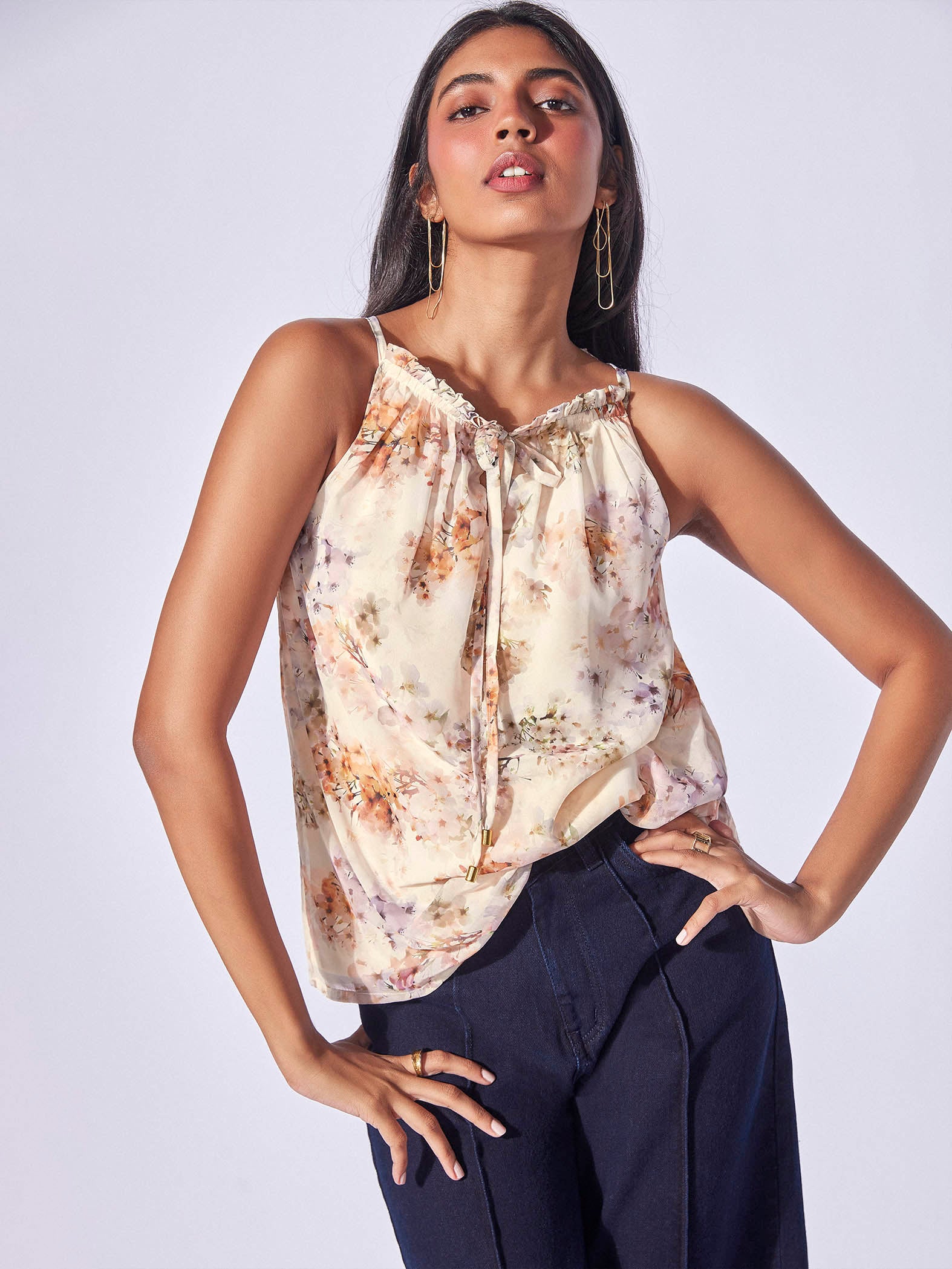 Ivory Floral In Cut Top