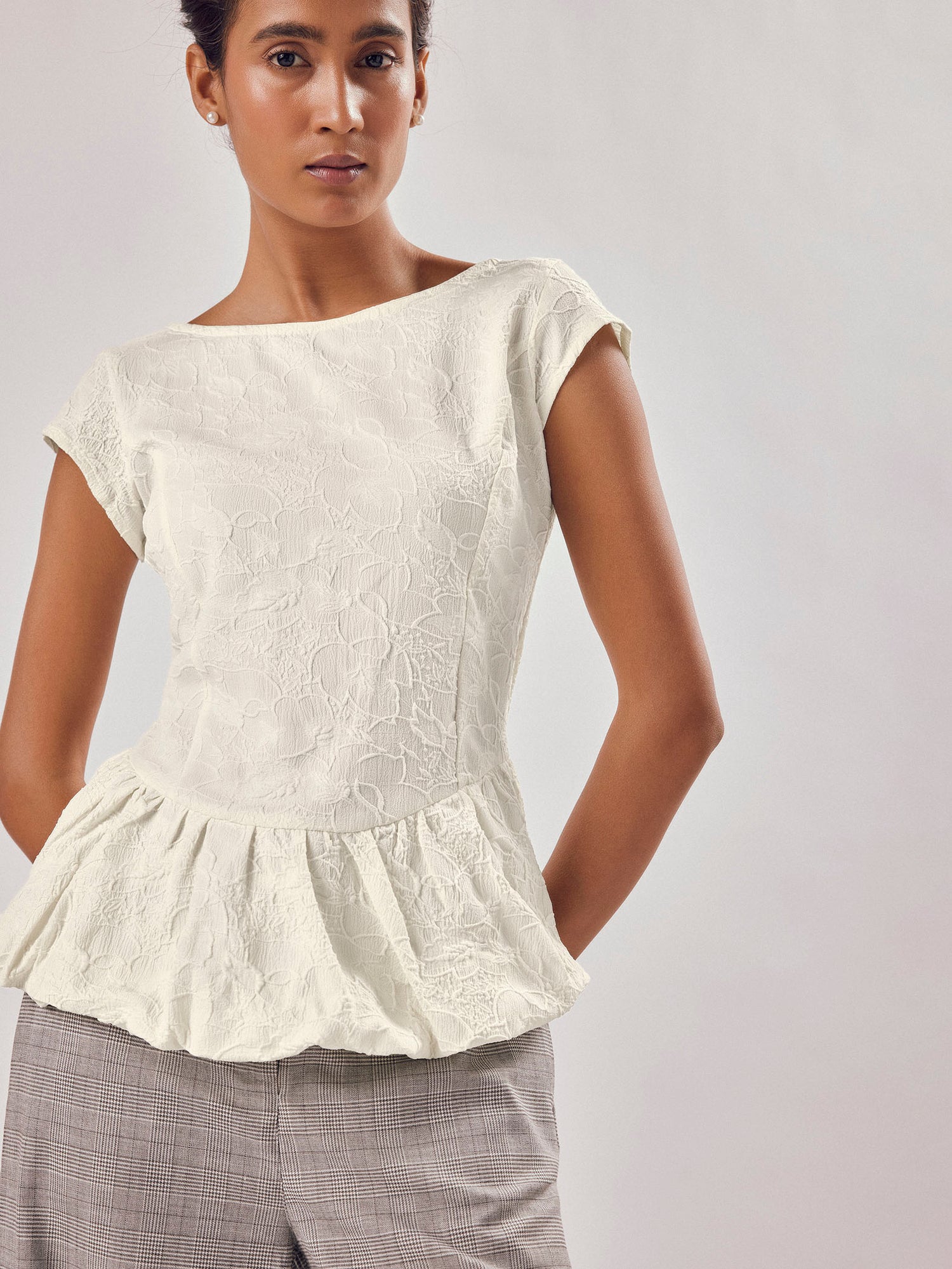 Ivory Jacquard Bubble Hem Top