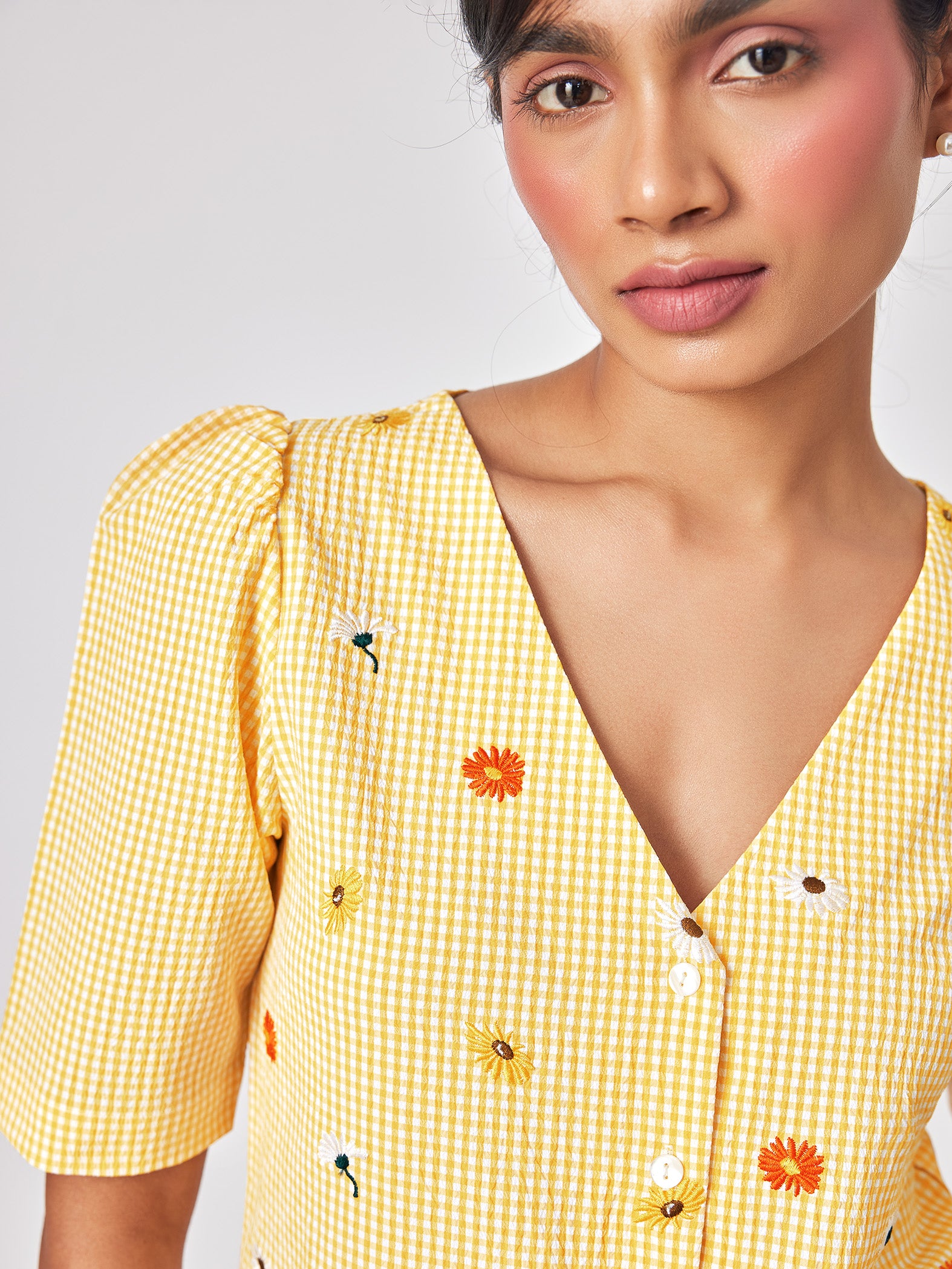 Lemon GIngham Embroidered Blouse