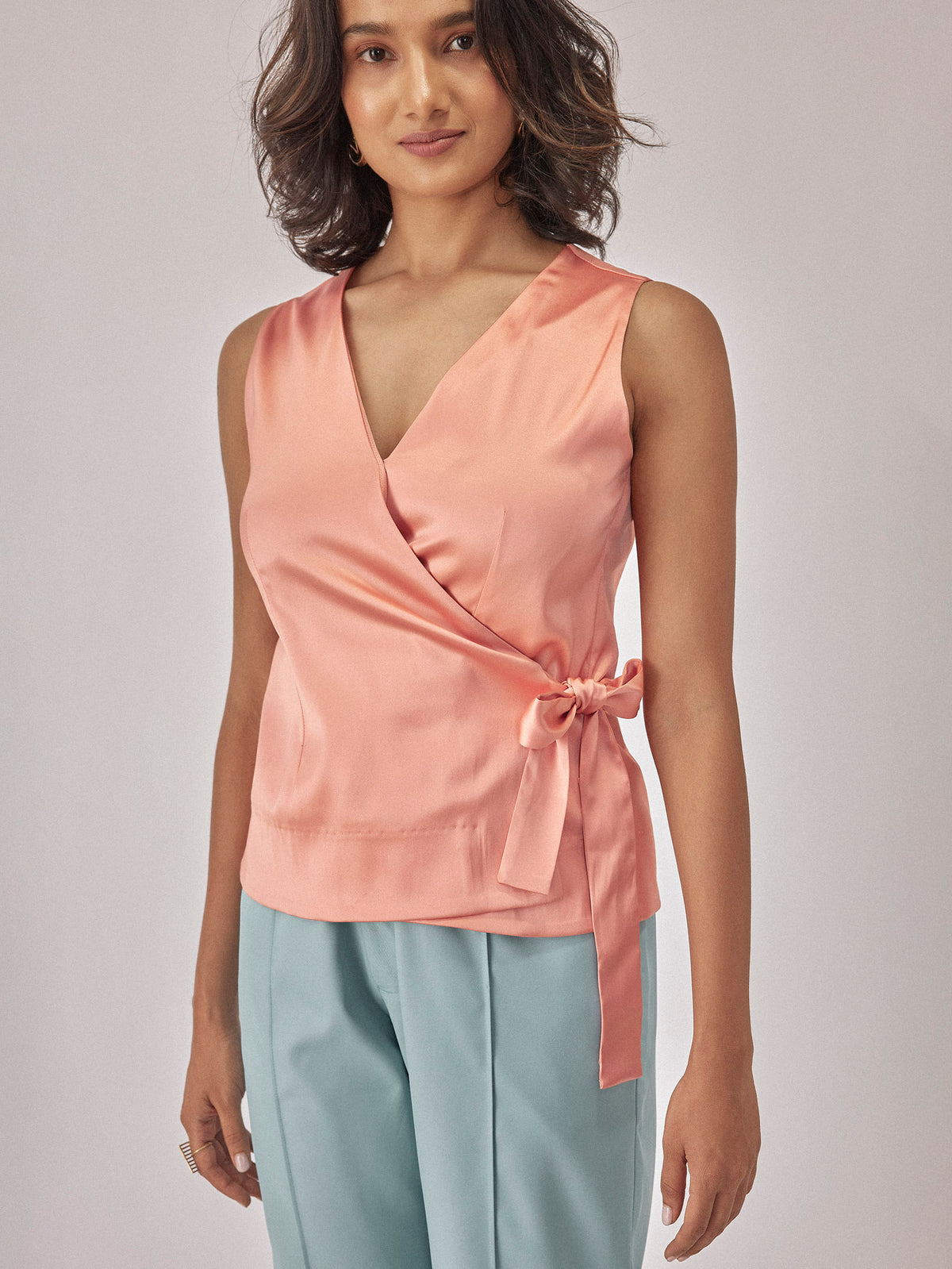 Light Coral Satin Wrap Top