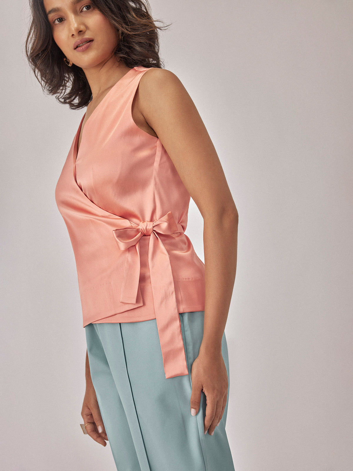 Light Coral Satin Wrap Top