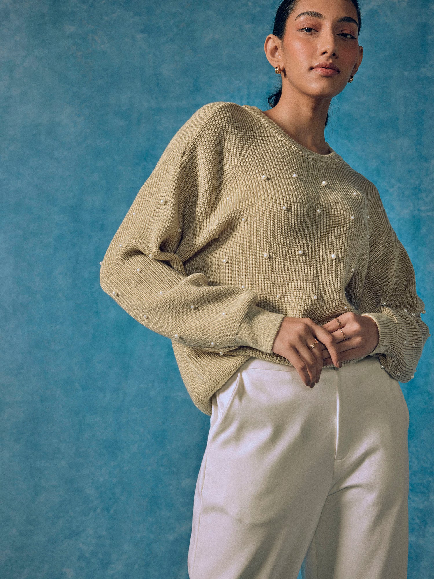 Light Khaki Pearl Beaded Jumper