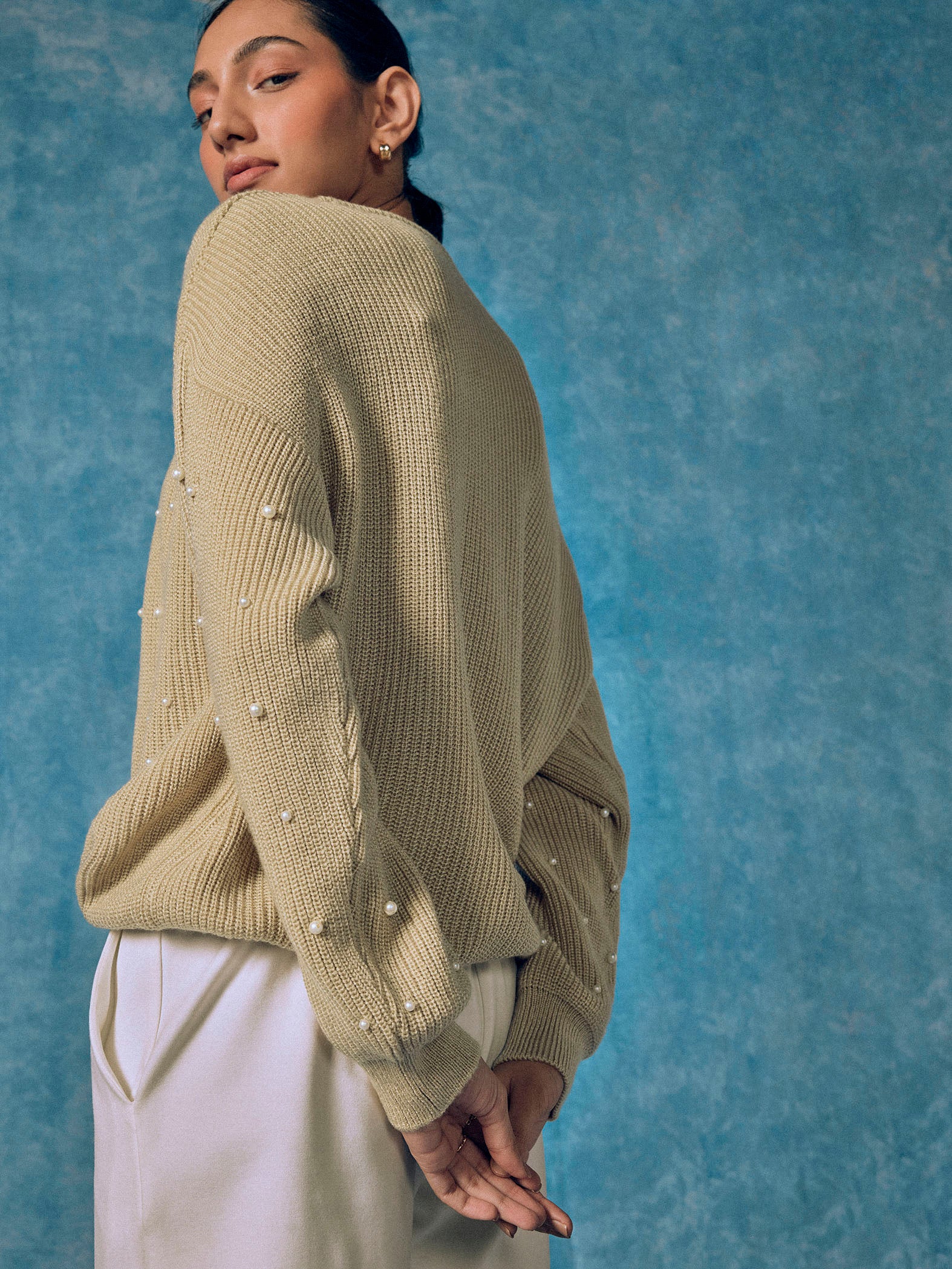 Light Khaki Pearl Beaded Jumper