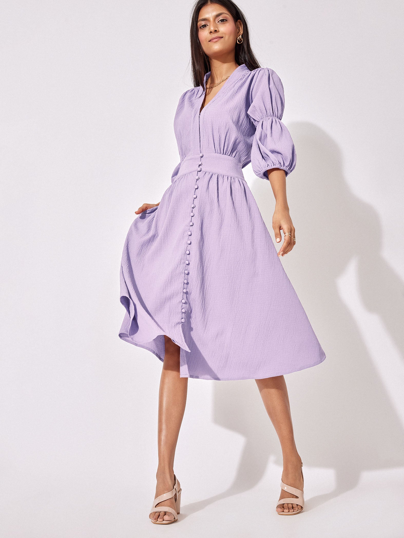 Lilac Puff Sleeve Midi Dress