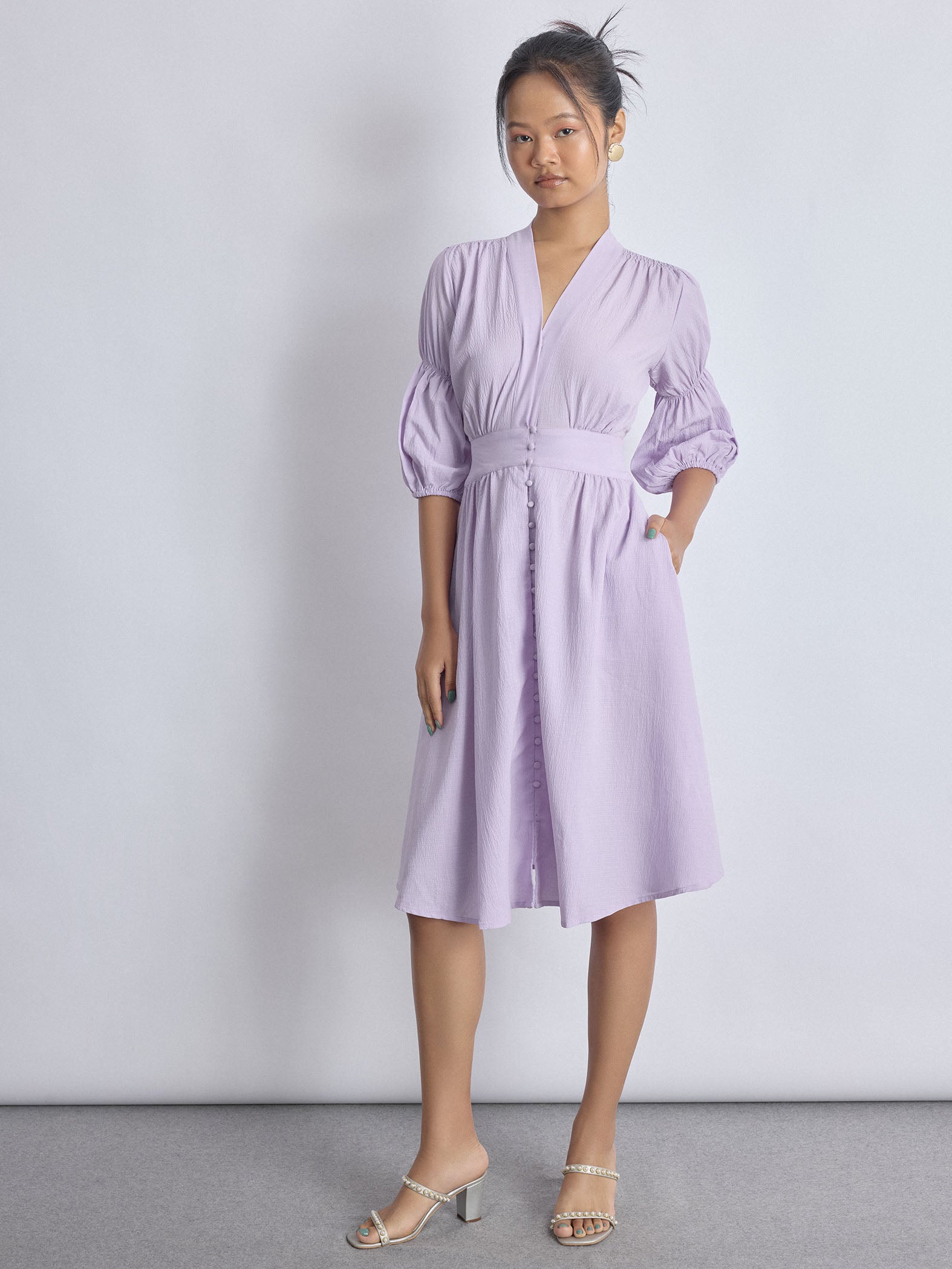 Lilac Puff Sleeve Midi Dress