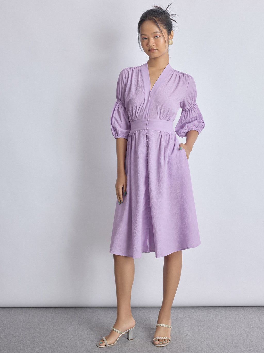 Lilac Puff Sleeve Midi Dress