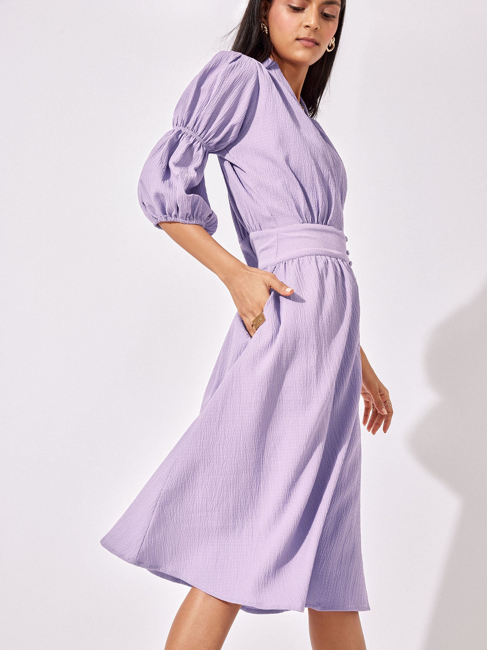 Lilac Puff Sleeve Midi Dress