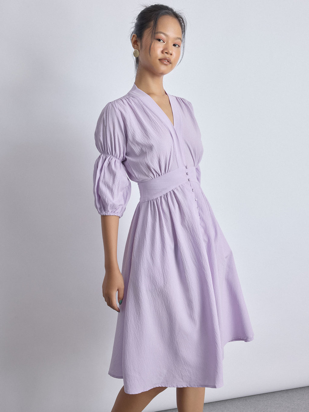 Lilac Puff Sleeve Midi Dress