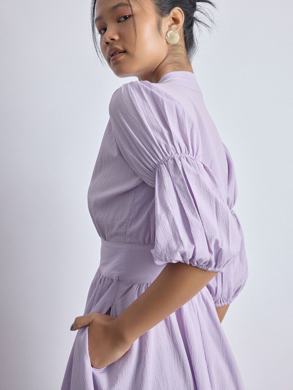 Lilac Puff Sleeve Midi Dress