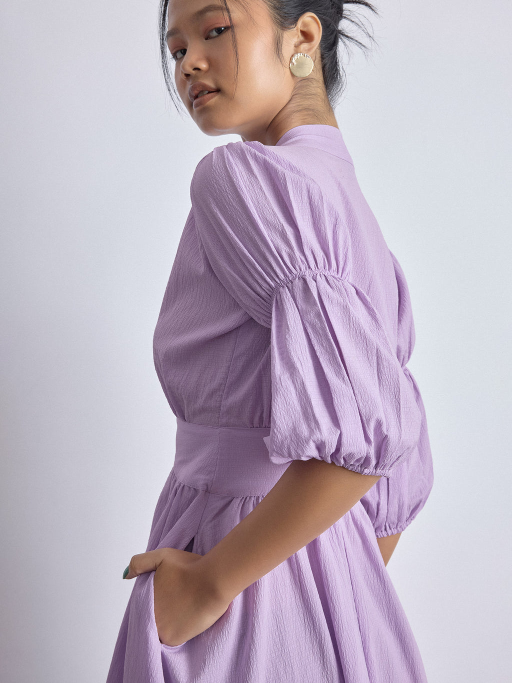 Lilac Puff Sleeve Midi Dress