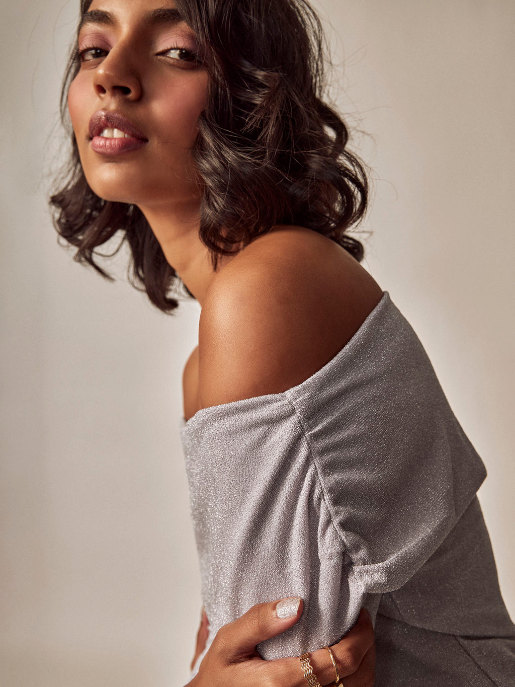 Lilac Shimmer Off Shoulder Top