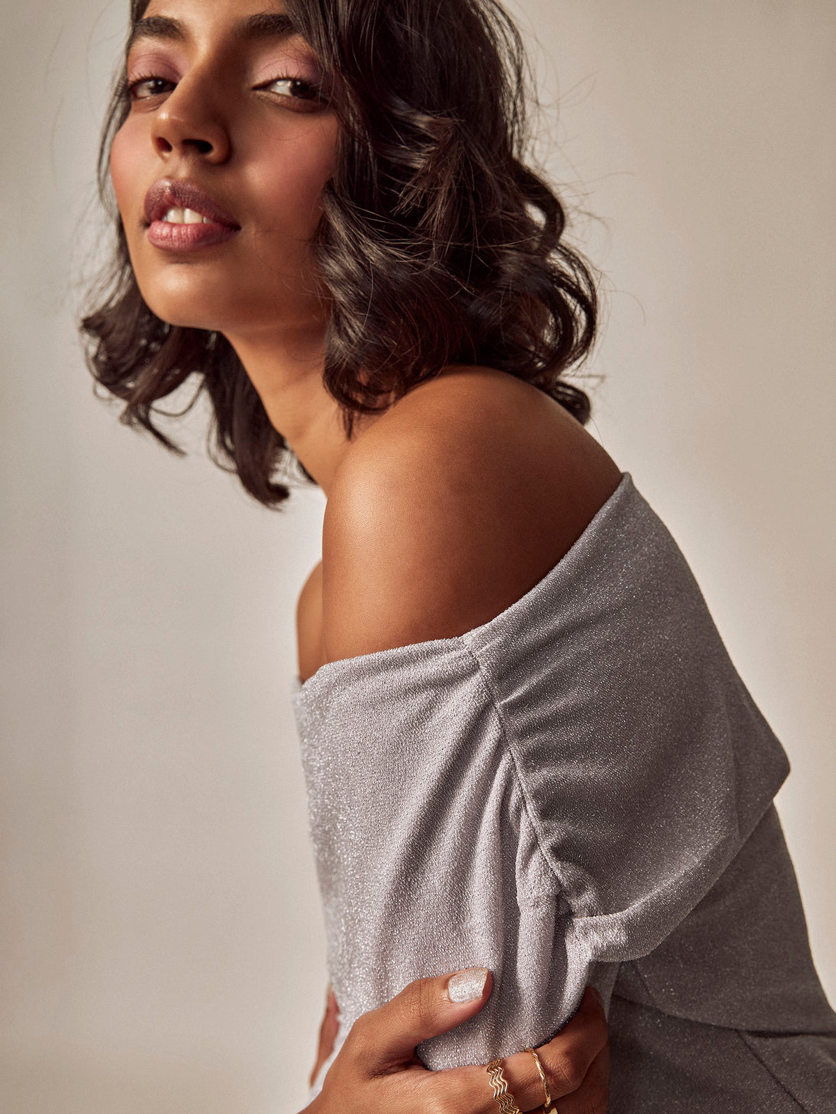 Lilac Shimmer Off Shoulder Top