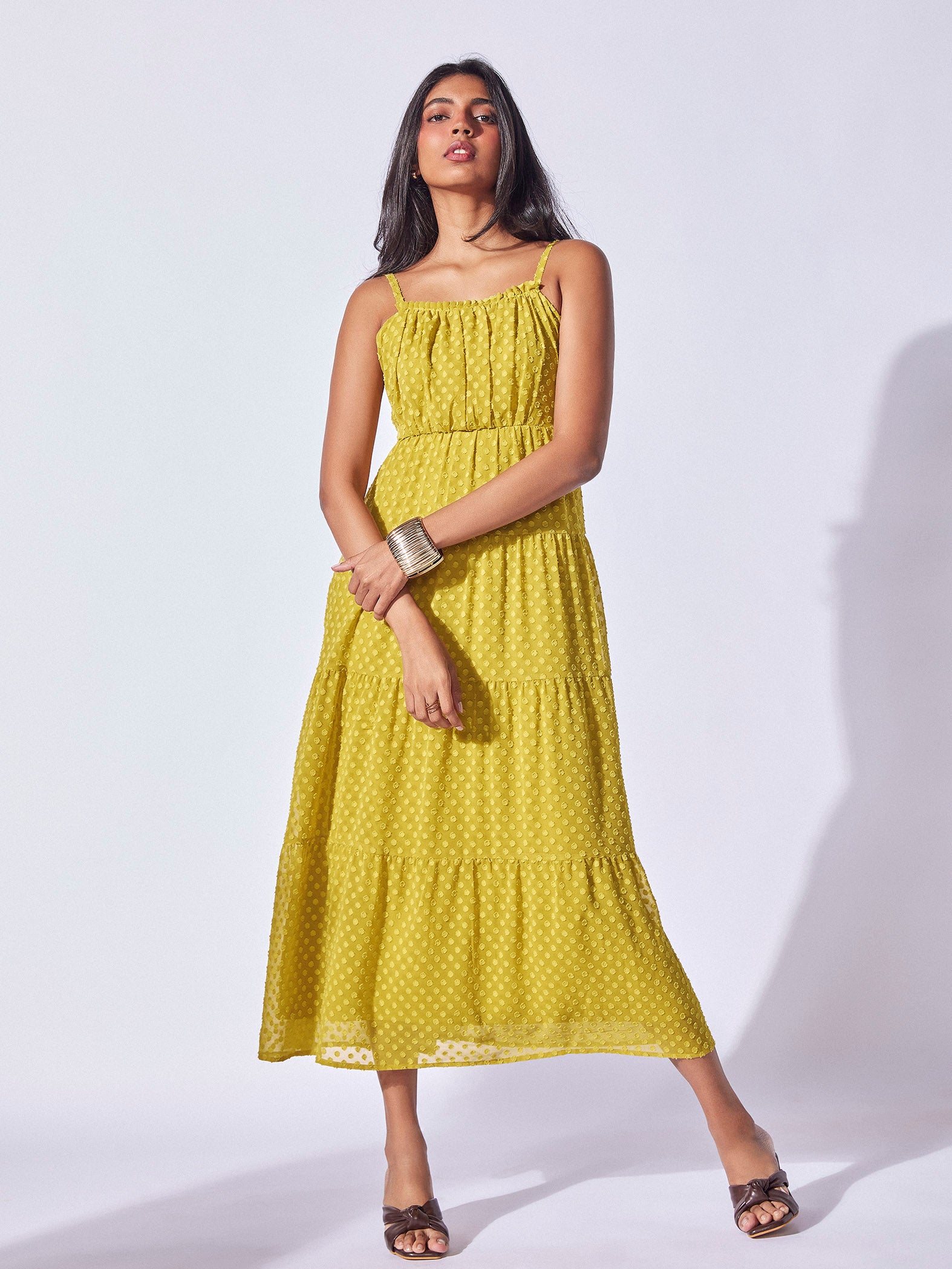 Lime Dobby Tiered Dress