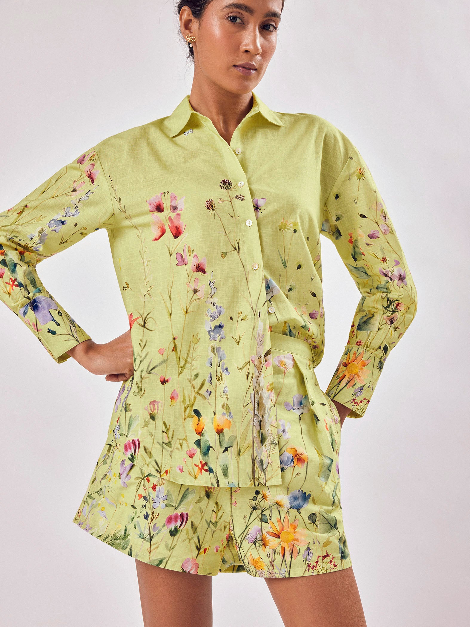 Lime Floral Print Pleated Shorts