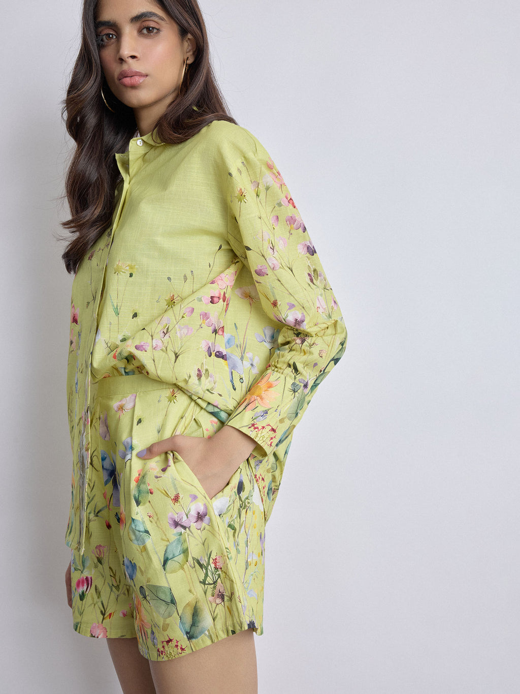 Lime Floral Print Pleated Shorts