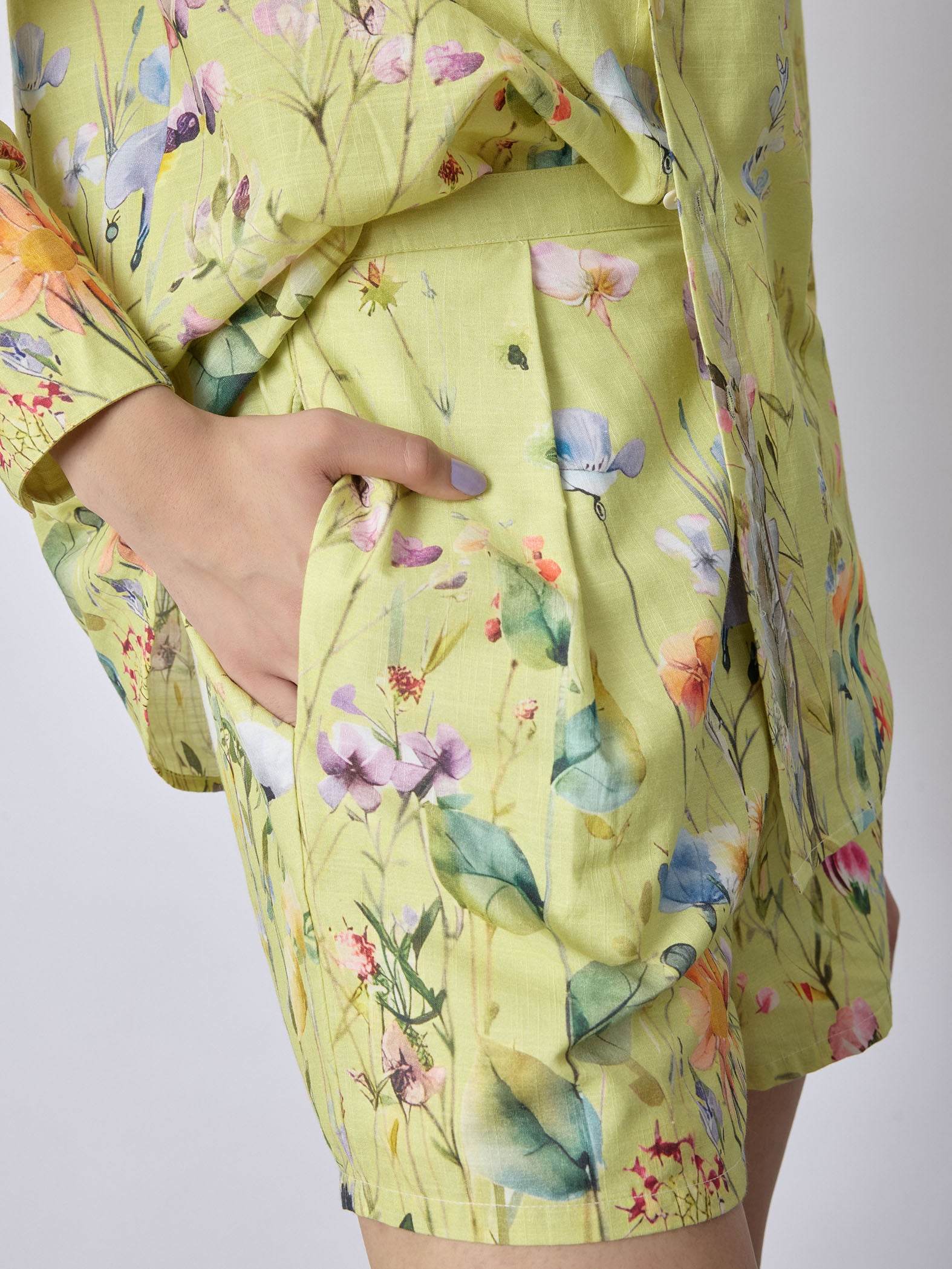 Lime Floral Print Pleated Shorts