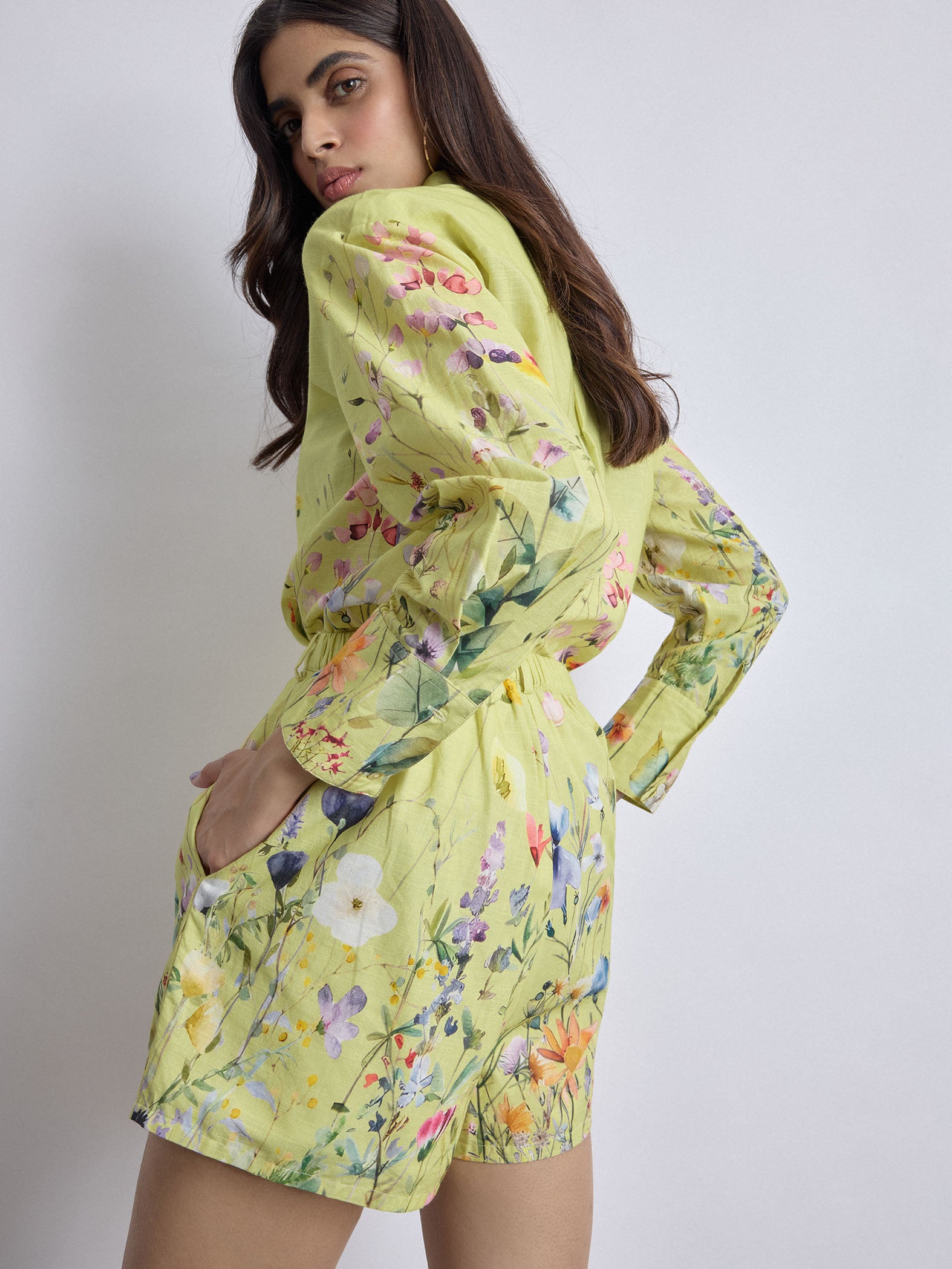 Lime Floral Print Pleated Shorts