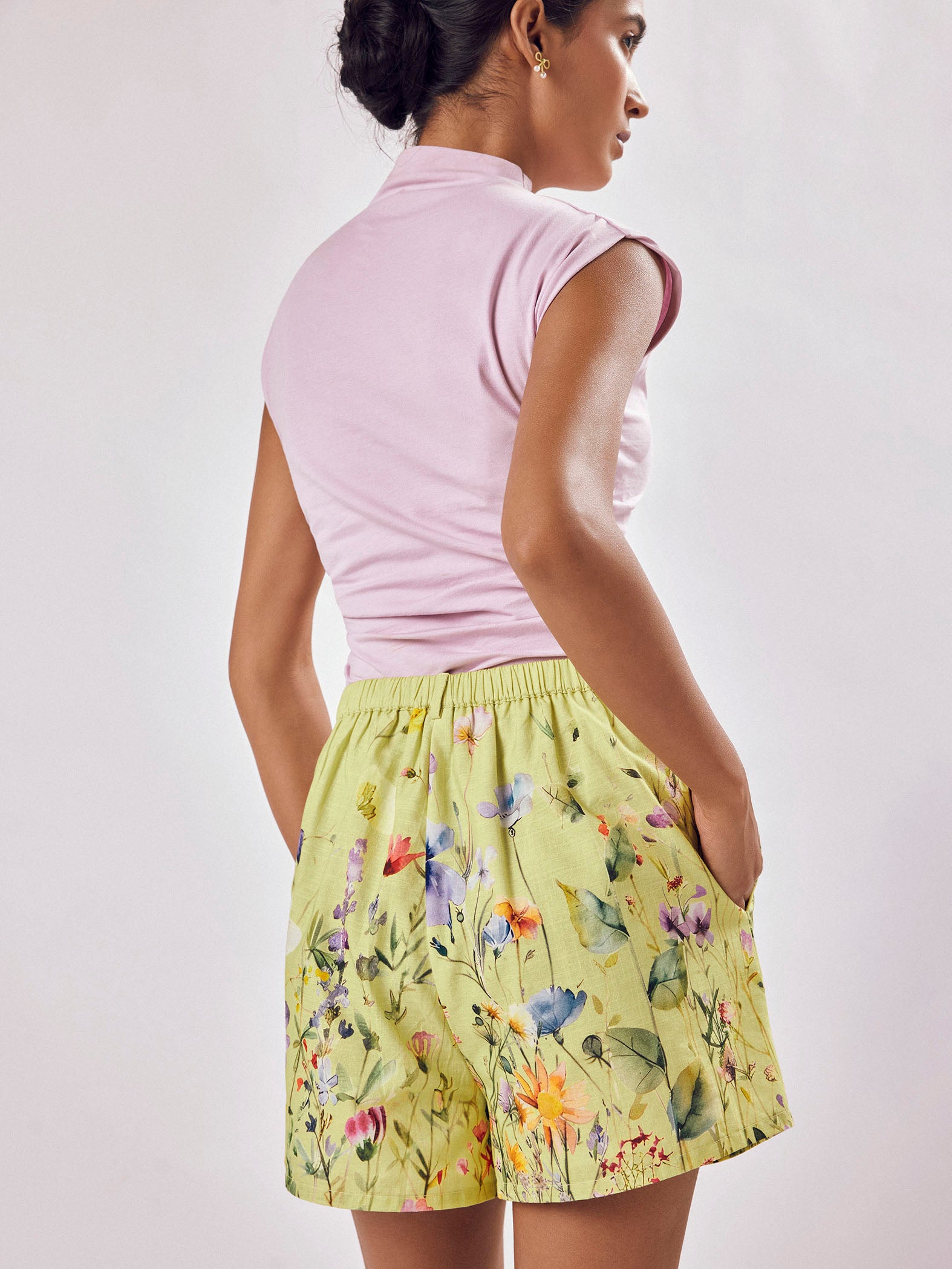Lime Floral Print Pleated Shorts
