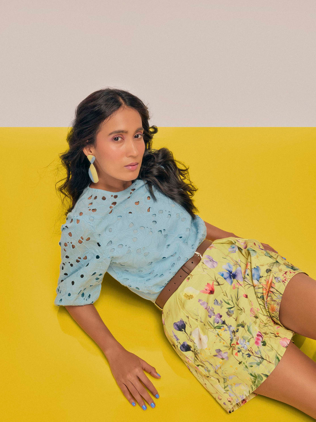 Lime Floral Print Pleated Shorts