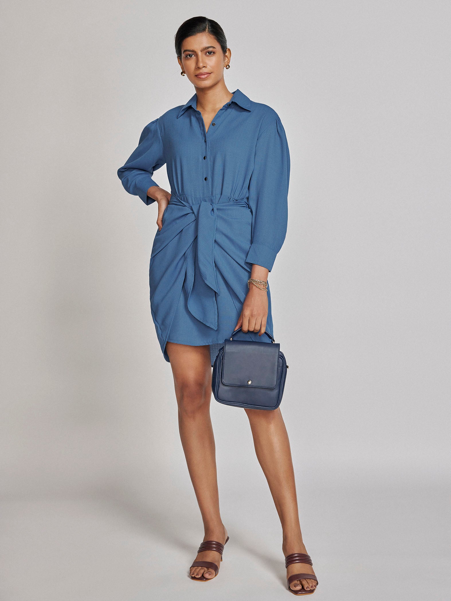 Marlin Blue Front Tie Shirt Dress