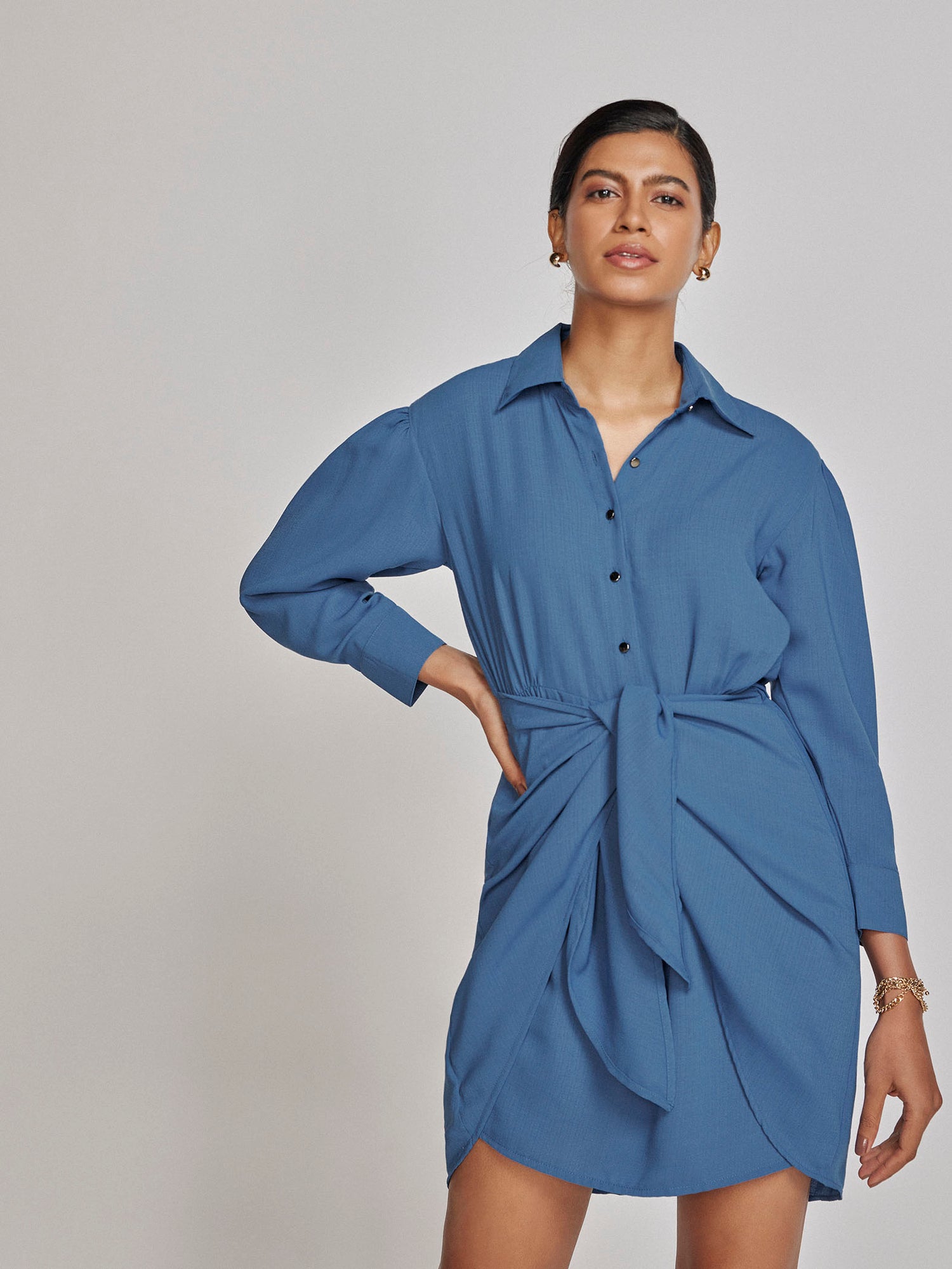 Marlin Blue Front Tie Shirt Dress