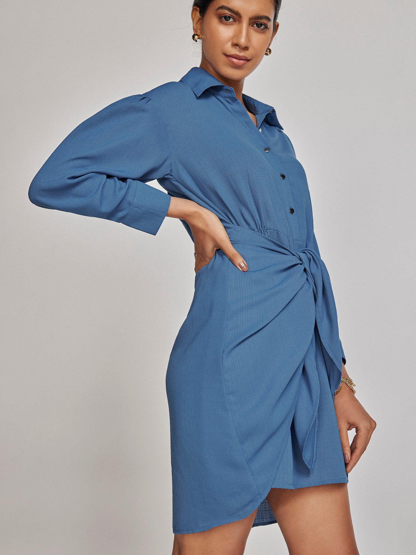 Marlin Blue Front Tie Shirt Dress