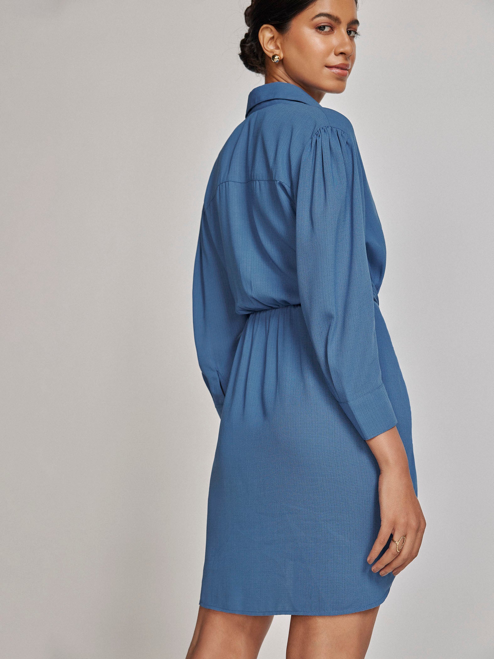 Marlin Blue Front Tie Shirt Dress