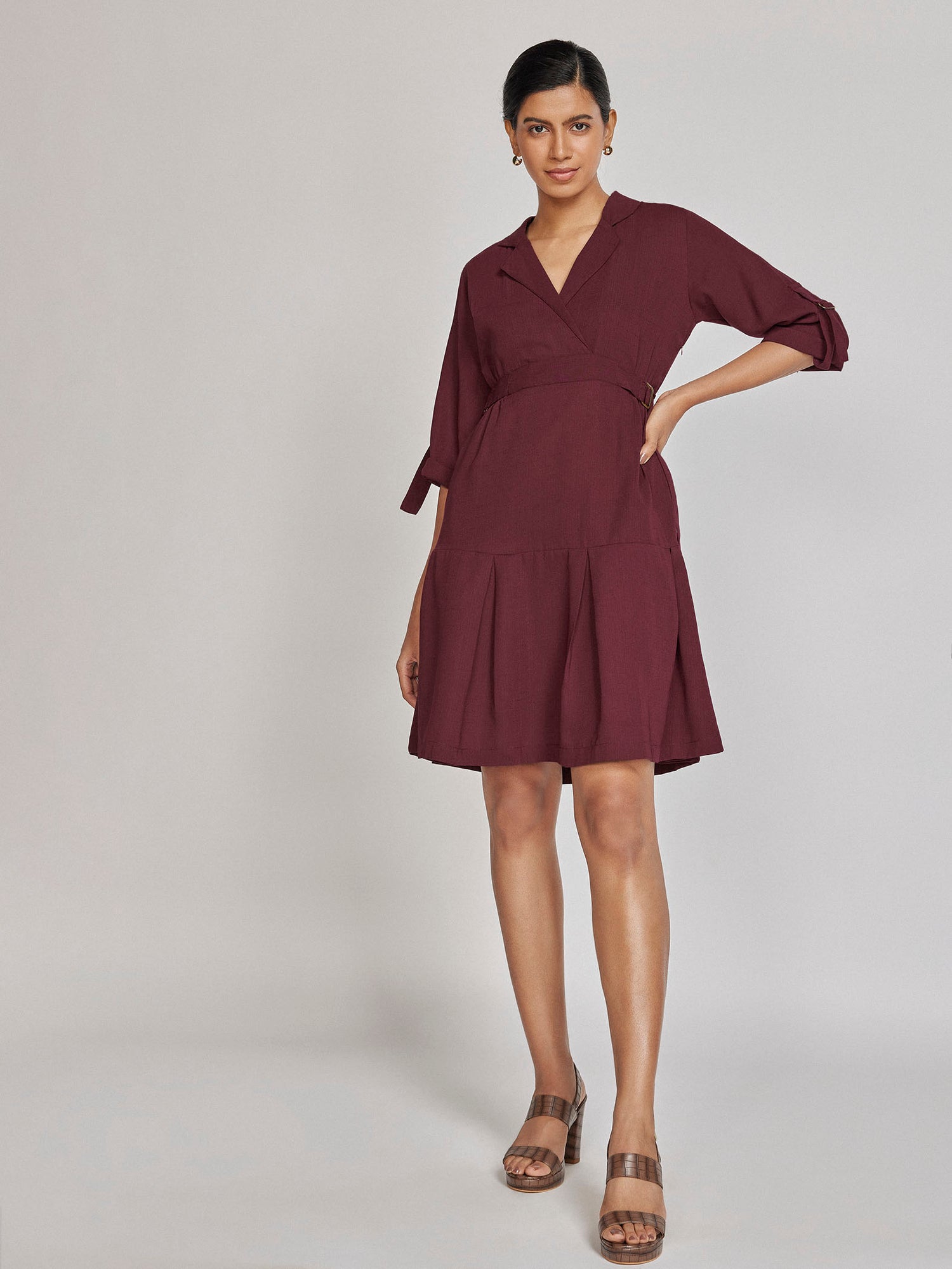 Maroon Belted Blazer Dress