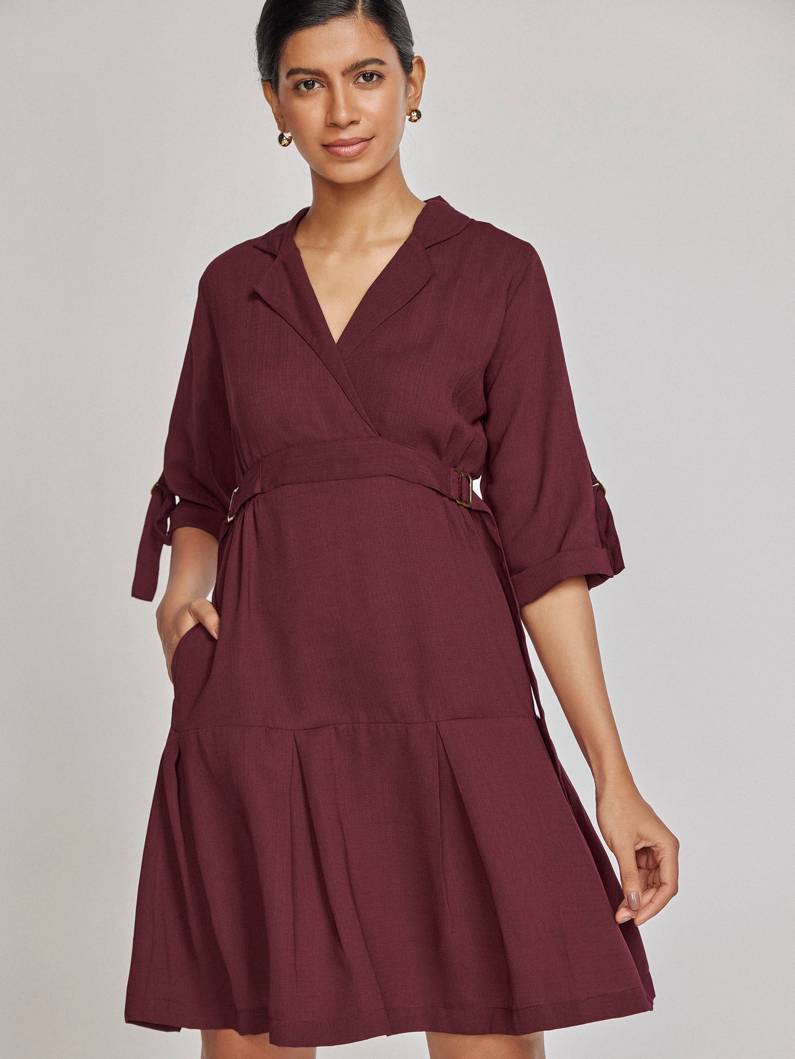 Maroon Belted Blazer Dress