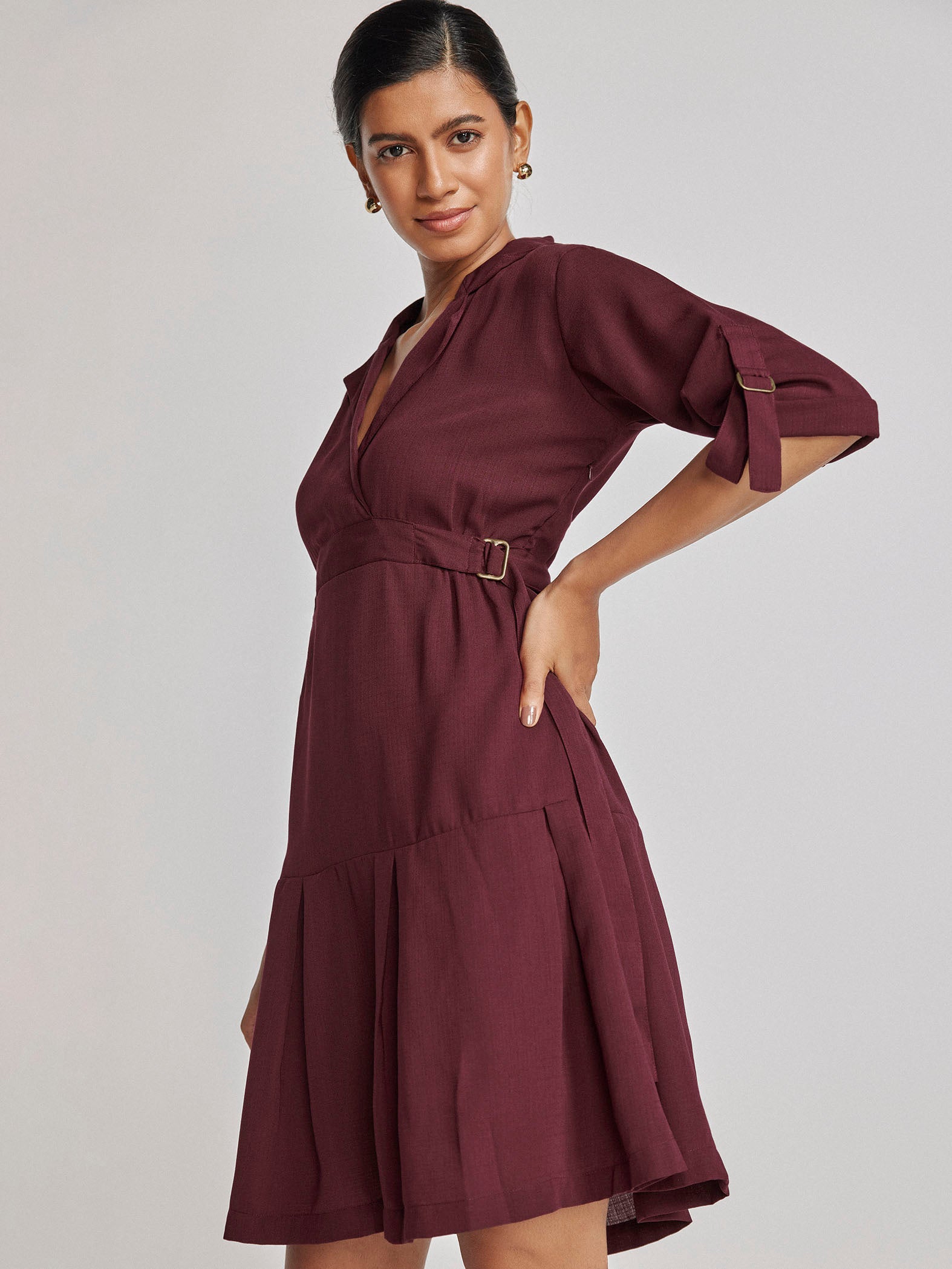 Maroon Belted Blazer Dress