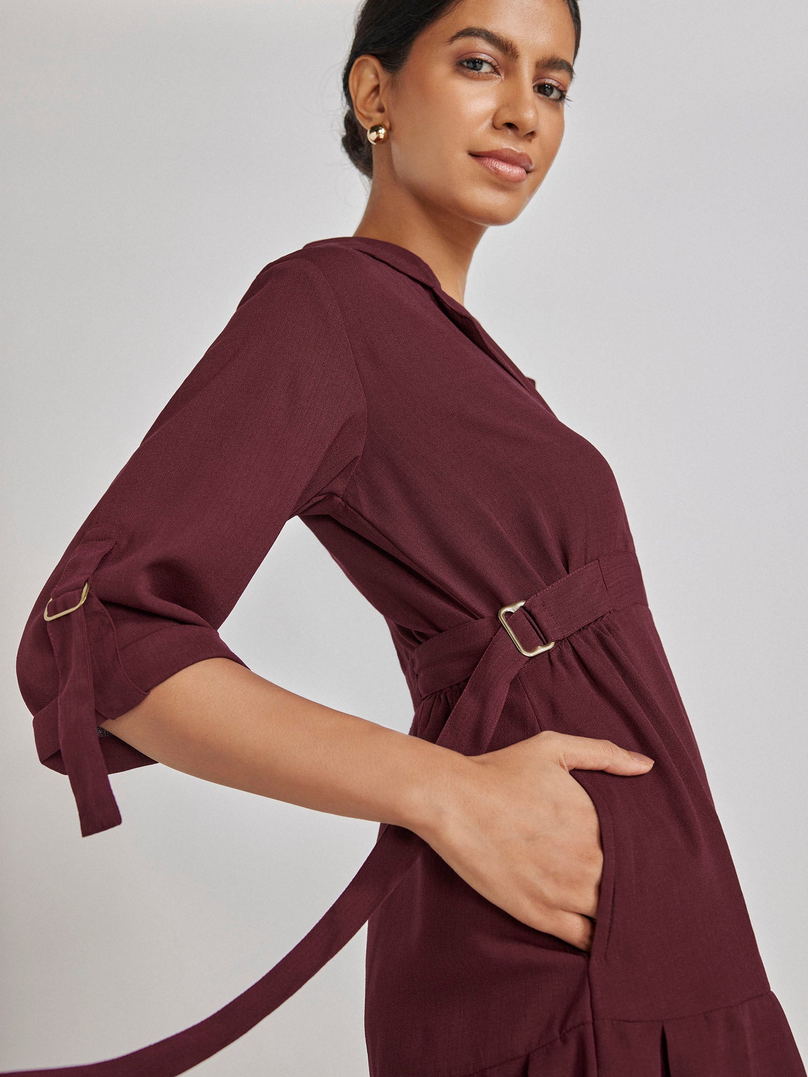 Maroon Belted Blazer Dress