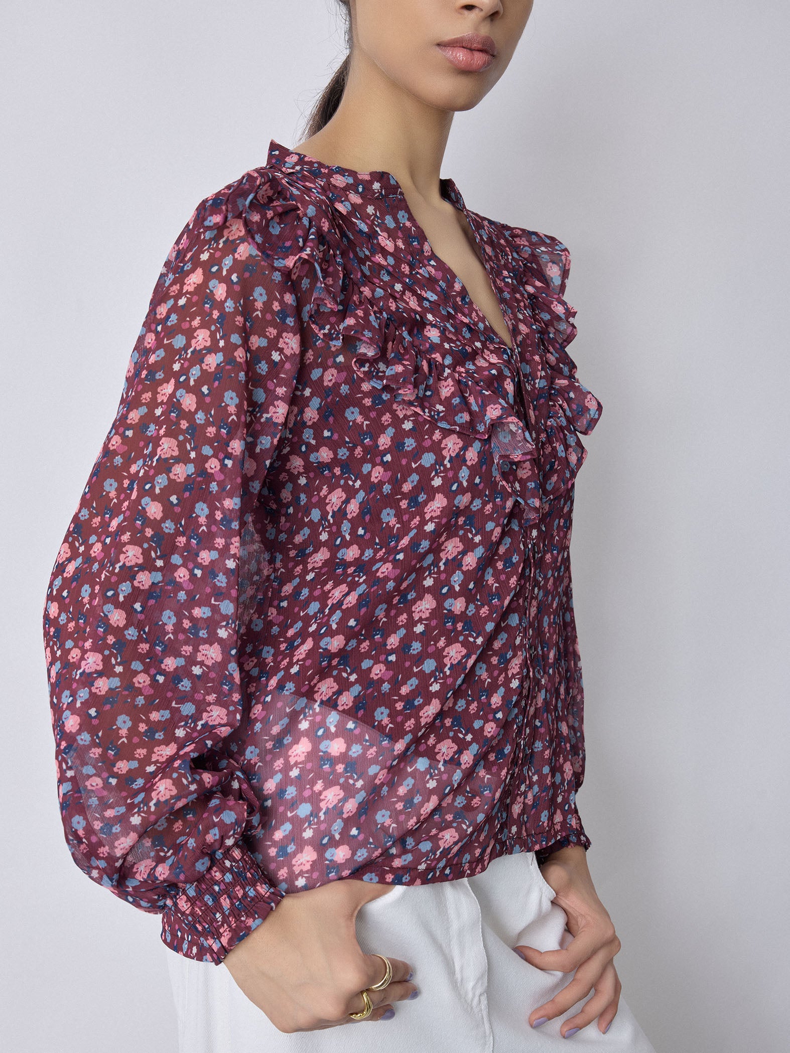 Maroon Ditsy Floral Frilled Shirt