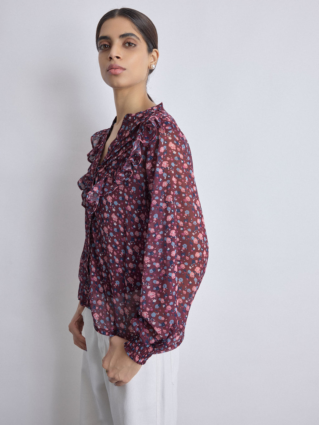 Maroon Ditsy Floral Frilled Shirt