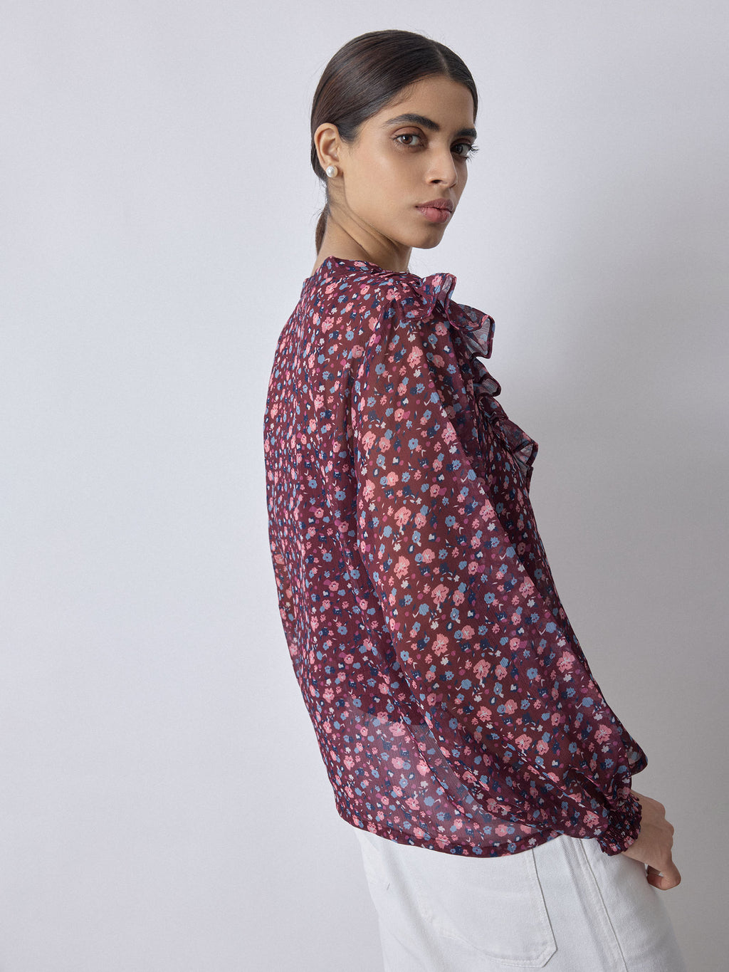 Maroon Ditsy Floral Frilled Shirt