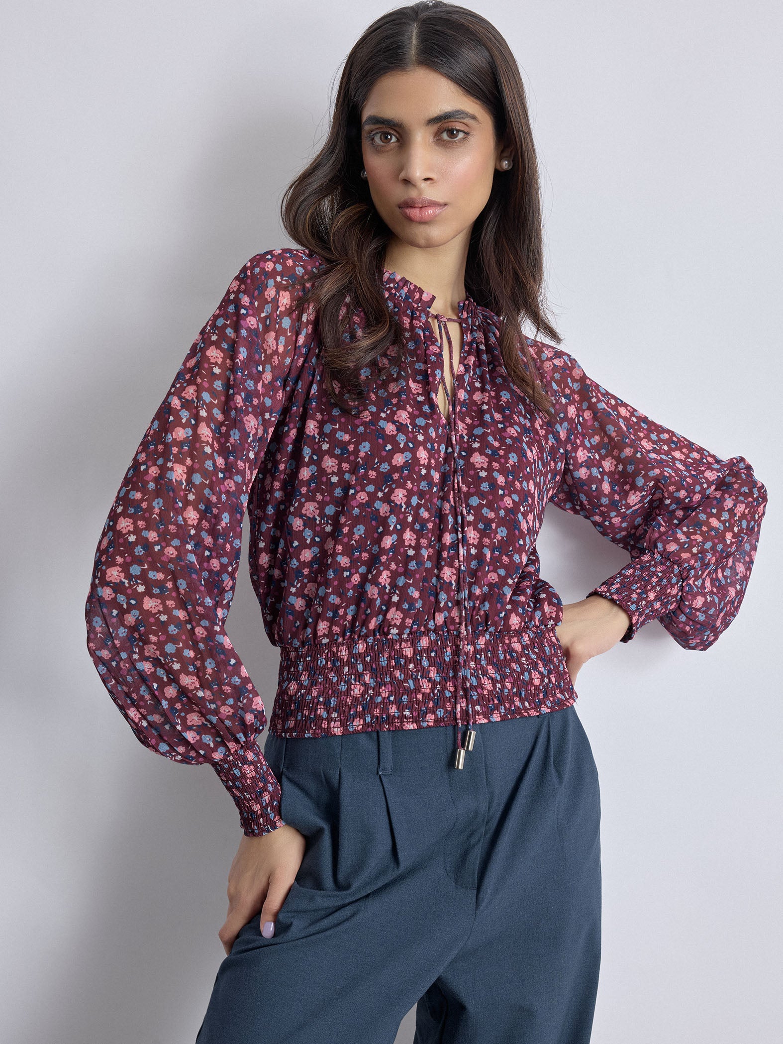 Maroon Ditsy Floral Smocked Top