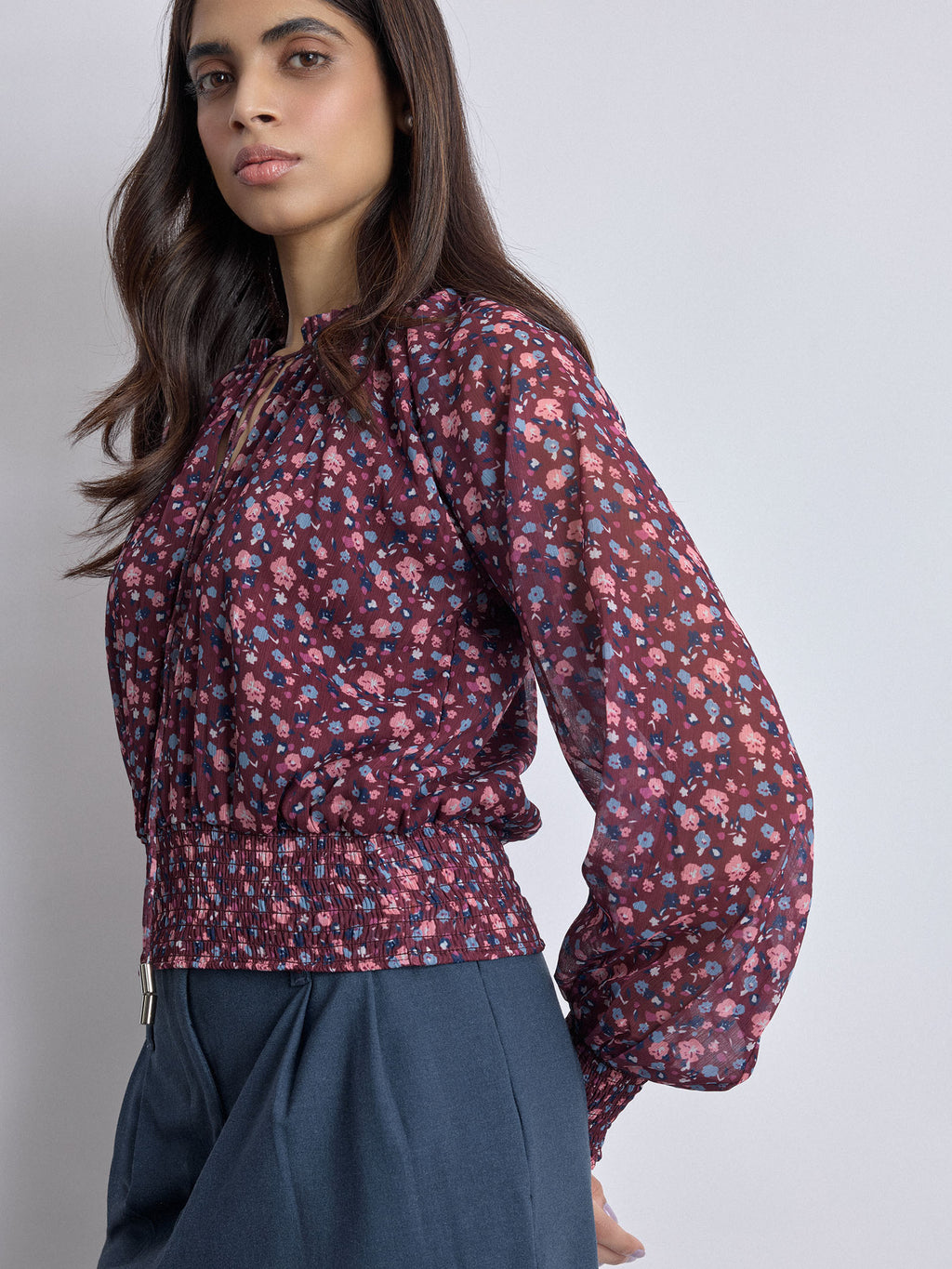 Maroon Ditsy Floral Smocked Top