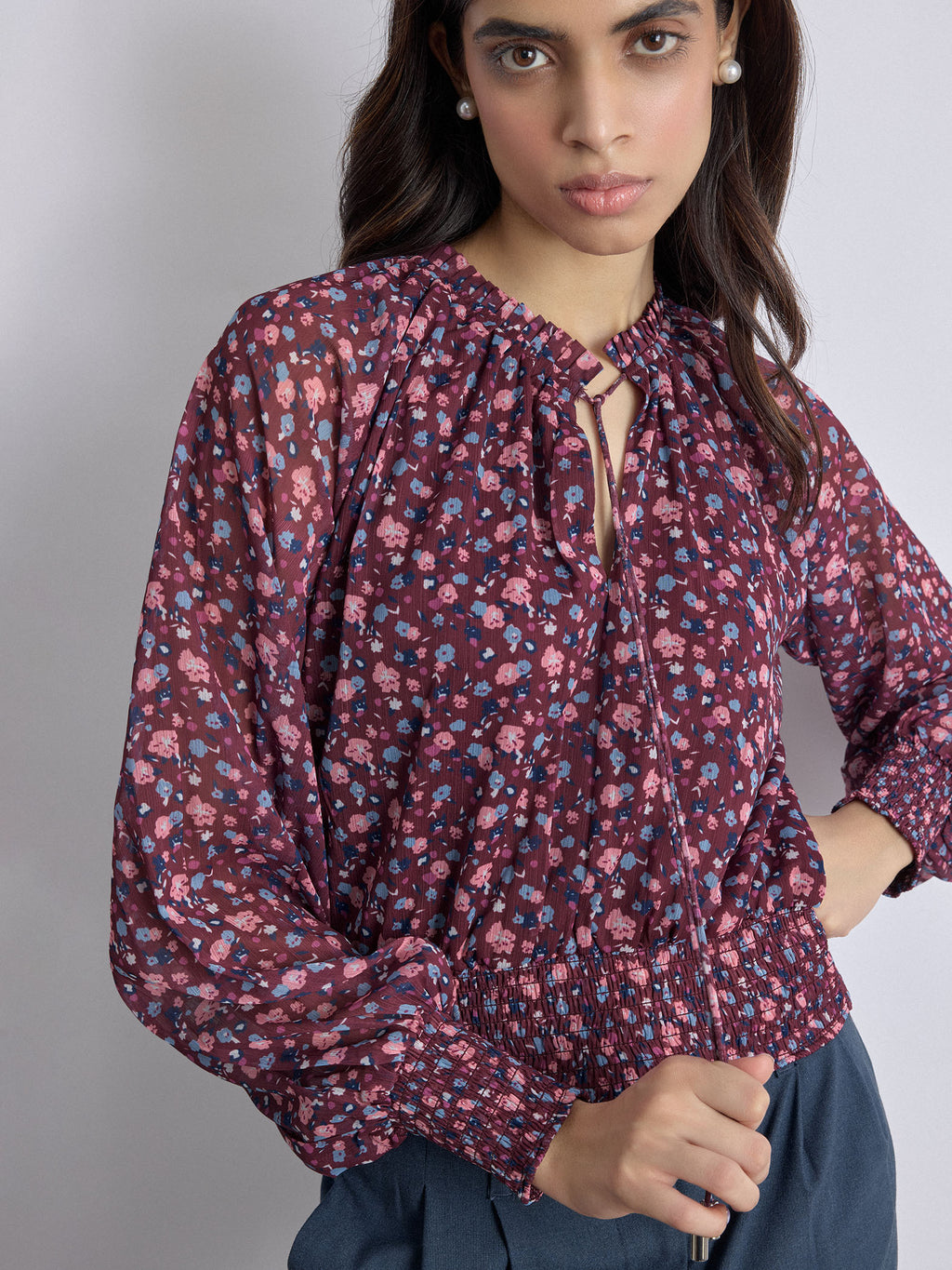 Maroon Ditsy Floral Smocked Top